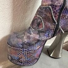 Y2K Platform Knee High Boots by Luchiny | Metallic Snake Print Leather Boots EU 38