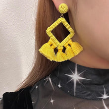 Bright Yellow Beaded Tassel Statement Earrings – Geometric Fringe Drops