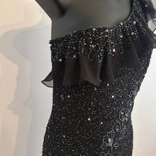 Vintage Black Beaded Sequin One Shoulder Maxi Dress, Silver Floral Embellished Evening Gown, Asymmetric Ruffle Hem, Statement Party Dress