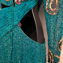 Vintage 80s Heavily Beaded Silk Gown Emerald Teal Sequin Cutout Prom Pageant Dress