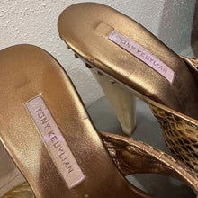 Vintage Tony Keuylian Snake Print Platform Mules – Gold Bronze Leather Y2K Sandals