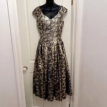 Vintage 1950s Metallic Brocade Fit and Flare Dress | Gold Black Jacquard Party Formal Occasion