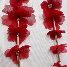 Statement Red Floral Drop Earrings | Fabric Flower Cascade Earrings | Gold Tone Long Dangle Stud Earrings