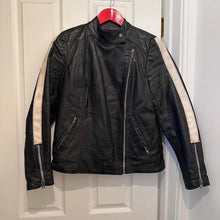 Vintage Clam Cuir France Leather Moto Jacket | Women's Cafe Racer with Cream Racing Stripes | 70s 80s French Biker