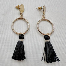 Vintage Gold Tone Hoop & Black Tassel Earrings | Minimalist Statement Dangle Earrings | Boho Tassel Drop Earrings