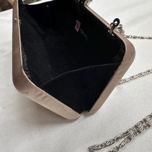 Vintage Champagne Satin Evening Clutch, Rhinestone Clasp, Chain Strap Shoulder Bag