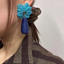 Vintage Blue & Turquoise Beaded Floral Statement Earrings | Raffia Drop Earrings | Tropical Boho Dangle Earrings