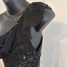 Vintage Black Beaded Sequin One Shoulder Maxi Dress, Silver Floral Embellished Evening Gown, Asymmetric Ruffle Hem, Statement Party Dress