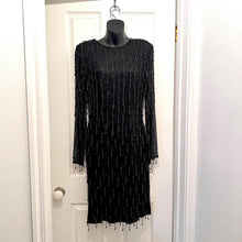 Vintage 80s/90s La Bam Collection Black Silk Beaded Tassel Cocktail Dress - Medium
