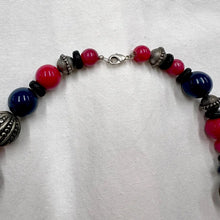 Vintage Red & Navy Beaded Necklace / Silver Tribal Beads / Short Statement Necklace / Bold Colour Jewelry