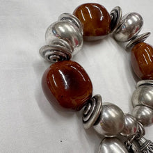 Vintage Stretch Charm Bracelet | Brown Ceramic Beads & Silver Tone Heart Tassel | Chunky Statement Jewelry