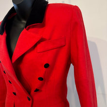 Vintage French Red Wool Blazer, 80s Red Double Breasted Jacket, Black Velvet Collar, Tailored Peplum Jacket, Made in France
