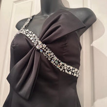 Vintage Black Satin Rhinestone Mermaid Evening Gown / Y2K One Shoulder Formal Maxi Dress / Old Hollywood Glam Prom Dress