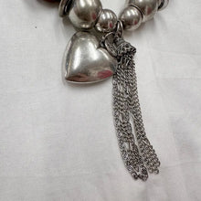 Vintage Stretch Charm Bracelet | Brown Ceramic Beads & Silver Tone Heart Tassel | Chunky Statement Jewelry
