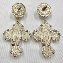 Vintage White Rose Cross Statement Earrings | Baroque Floral Rhinestone Drop Earrings | Gold Tone Romantic Gothic Jewel