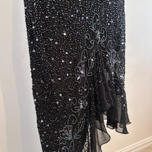 Vintage Black Beaded Sequin One Shoulder Maxi Dress, Silver Floral Embellished Evening Gown, Asymmetric Ruffle Hem, Statement Party Dress