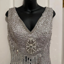 Vintage Beaded Sequin Evening Gown | Silver Grey Chiffon Ruffle Dress | Art Deco Inspired Formal Dress | Gatsby Style Maxi Dress