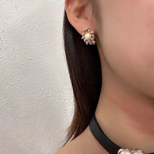 Vintage Gold Tone Pearl & Rhinestone Floral Stud Earrings