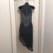 Vintage 1980s Beaded Fringe Dress | Midnight Blue Asymmetric Mock Neck Evening Gown