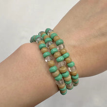 Vintage Triple Wrap Beaded Stretch Bracelet | Mint Green & Natural Wood Tone Beads | Layered Boho Y2K Bracelet | Multi Strand Statement