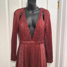 Burgundy Copper Sequin Formal Gown – Double Front Slit Long Sleeve Maxi Dress, Padded Cups & Back Zip, Shimmering Red Bronze Evening