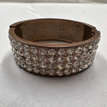 Vintage Rhinestone Metal Cuff Bangle / Wide Bronze Statement Bracelet / Glam Retro Jewelry