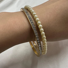 Vintage Pearl & Rhinestone Bangle Set / Gold Tone Layering Bracelets / Elegant Retro Jewelry