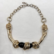 Vintage Gold Statement Necklace – Articulated Tube Segments with Black Glass Bead Centre