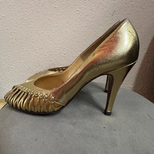 Vintage Gold Leather Peep Toe Heels Size EU 37 | Woven Detail Pumps Metallic Party Shoes Stiletto Heel