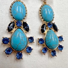 Vintage Turquoise & Sapphire Rhinestone Statement Drop Earrings – Gold Tone