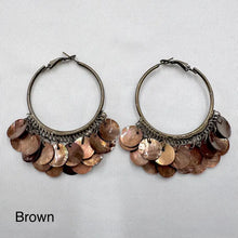Vintage Shell Disc Hoop Earrings | Antique Brass Boho Festival Jewelry