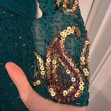Vintage 80s Heavily Beaded Silk Gown Emerald Teal Sequin Cutout Prom Pageant Dress