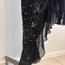 Vintage Black Beaded Sequin One Shoulder Maxi Dress, Silver Floral Embellished Evening Gown, Asymmetric Ruffle Hem, Statement Party Dress