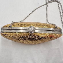 Gold Sequin Evening Clutch Bag | Rhinestone Clasp, Chain Purse, Vintage Glam Handbag