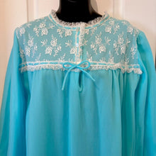 Vintage Aqua Blue Long Sleeve Granny Nightgown - White Embroidered Lace Bodice Yoke Bow Accent Sleep Dress - Fits Modern Large