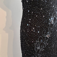 Vintage Black Beaded Sequin One Shoulder Maxi Dress, Silver Floral Embellished Evening Gown, Asymmetric Ruffle Hem, Statement Party Dress