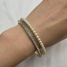 Vintage Pearl & Rhinestone Bangle Set / Gold Tone Layering Bracelets / Elegant Retro Jewelry