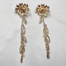 Vintage Gold Floral Drop Earrings with Pink Beads | Botanical Dangle Jewellery