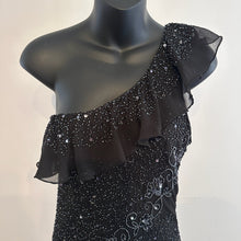 Vintage Black Beaded Sequin One Shoulder Maxi Dress, Silver Floral Embellished Evening Gown, Asymmetric Ruffle Hem, Statement Party Dress
