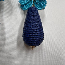 Vintage Blue & Turquoise Beaded Floral Statement Earrings | Raffia Drop Earrings | Tropical Boho Dangle Earrings