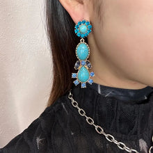 Vintage Turquoise & Sapphire Rhinestone Statement Drop Earrings – Gold Tone