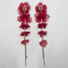 Statement Red Floral Drop Earrings | Fabric Flower Cascade Earrings | Gold Tone Long Dangle Stud Earrings