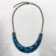 Vintage Blue Statement Necklace – Sculptural Crescent Resin Pendant with Abstract Black Pattern