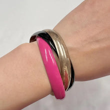 Vintage Triple Bangle Bracelet | Hot Pink, Black & Antique Gold Connected Bangles | Bold Y2K Statement Jewelry