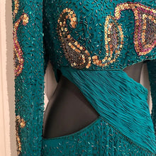Vintage 80s Heavily Beaded Silk Gown Emerald Teal Sequin Cutout Prom Pageant Dress