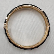 Vintage Black Enamel Floral Hinge Bangle | Gold-Tone Botanical Bracelet | Elegant Statement Jewelry