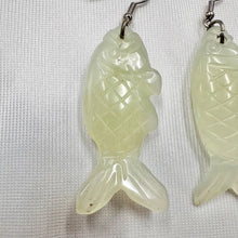 Vintage Hand Carved Fish Earrings | Pale Green Jade Style Koi Drop