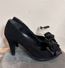 Vintage Black Suede Peep-Toe Heels with Statement Bow