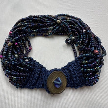 Vintage Handwoven Beaded Cuff Bracelet | Navy Seed Bead Macramé Bracelet | Boho Artisan Statement Bracelet | Button Closure