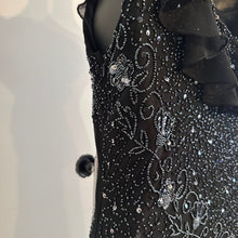 Vintage Black Beaded Sequin One Shoulder Maxi Dress, Silver Floral Embellished Evening Gown, Asymmetric Ruffle Hem, Statement Party Dress